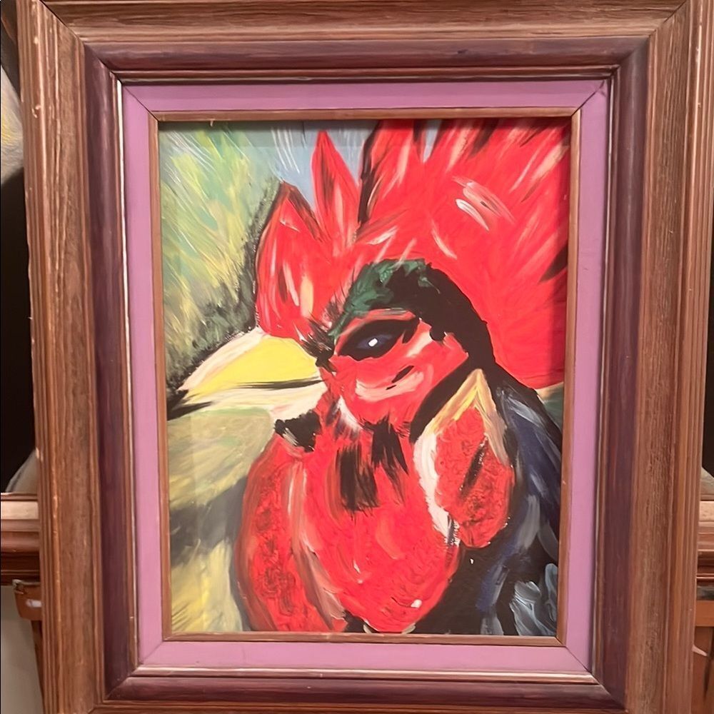 Vibrant Rooster Art Print in Wooden Frame
